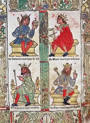 Rei Davi, Salomão, Luba e Turnis, de &39;Livro da Sorte e da Ventura&39; de Lorenzo Spirito (xilogravura colorida)